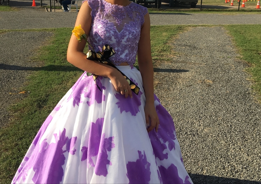 Purple Floral Two-Piece Prom Dress - Lavender Floral Ball Gown - Picture 10 of 10